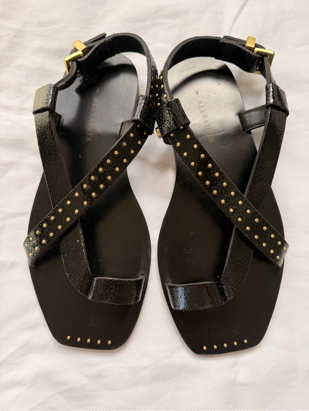All Saints Black Leather Cross-Strap Sandals with Gold Studs